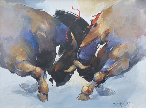 Umetnicka slika - Naziv slike Borba bikova-II-tehnika akril - ulje na platnu od jute-akademski slikar Braca Djurkovic-Format slike sa ramom 73x93 cm-bez rama 60×80 cm-sertifikat-2022.-Cena slike 177000 dinara - izgled slike bez rama
