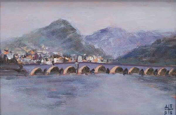 Umetnicka slika - Naziv slike Most-1-Slikar Dragan Tasic-tehnika akril-na lesonitu-Format slike sa 40x30-cm-bez rama 30x20 cm-sertifikat-Cena slike 6490 dinara - izgled slike bez rama