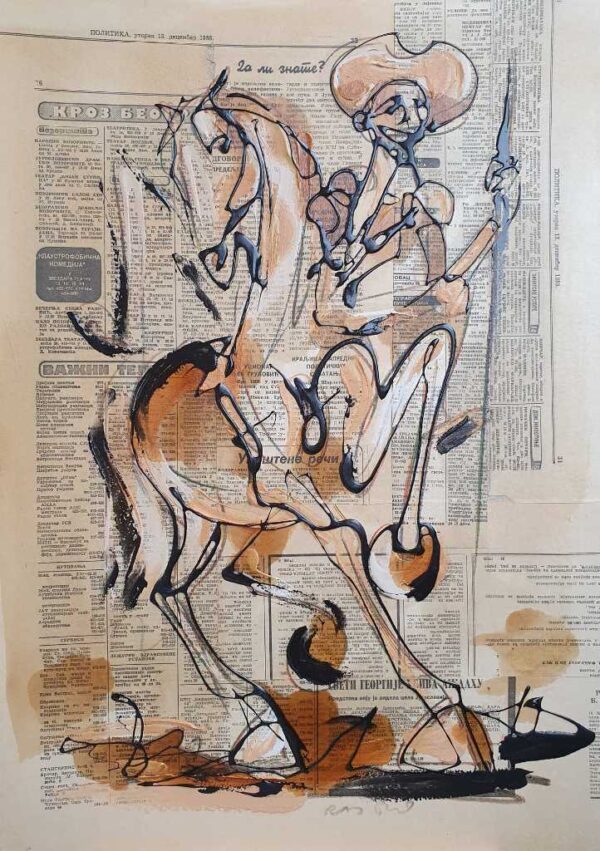 Umetnicka slika - naziv slike Don Kihot 1-kombinovana tehnika -ulje i crtez na kartonu-Format slike 50×35 cm-akademski slikar Dusan Rajsic-sertifikat-Cena slike 5900 dinara