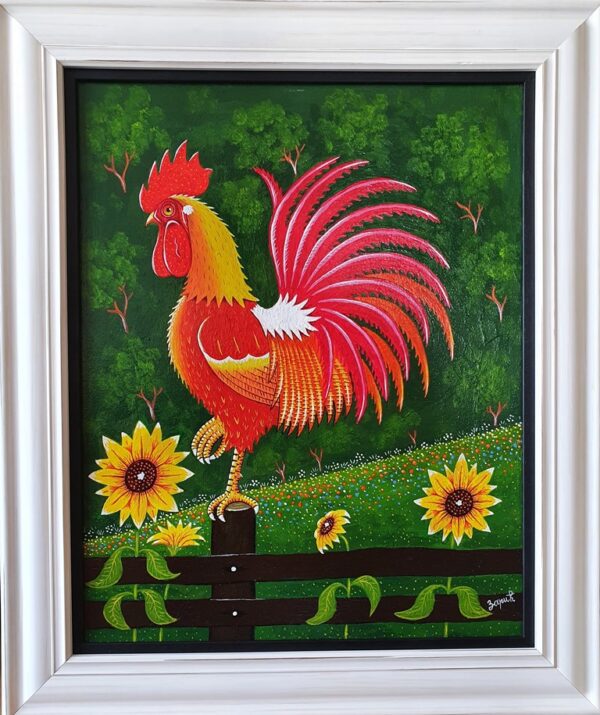 Umetnicka slika - naziv slike Petao-1-tehnika ulje na platnu-Format slike sa ramom 53×63 cm-bez rama 40×50 cm-Slikar Zoran Zaric-sertifikat-Cena slike 31270 dinara
