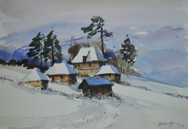 Umetnicka slika - naziv slike Zima na Zlatiboru-Slikar DJordje Stanic-tehnika akvarel na papiru-Format slike bez rama 37x56 cm-sertifikat-Cena slike 11800 dinara - izgled slike bez rama