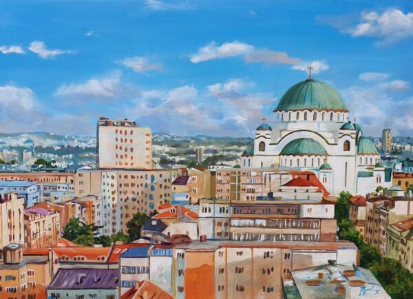 Umetnicka slika - Naziv slike Hram Svetog Save-2-Slikarka Marija Djukic-tehnika ulje na platnu-Format slike 50×70 cm-sertifikat-Cena slike 25960 dinara - izgled slike bez rama