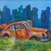 Umetnička slika Stari auto II slikar Ivan Vanja Milanović - tehnika ulje na platnu - format umetničke slike sa ramom 53x63 cm - bez rama 40x50 cm - Cena umetničke slike 15340 dinara - izgled slike bez rama