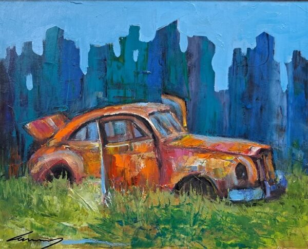 Umetnička slika Stari auto II slikar Ivan Vanja Milanović - tehnika ulje na platnu - format umetničke slike sa ramom 53x63 cm - bez rama 40x50 cm - Cena umetničke slike 15340 dinara - izgled slike bez rama