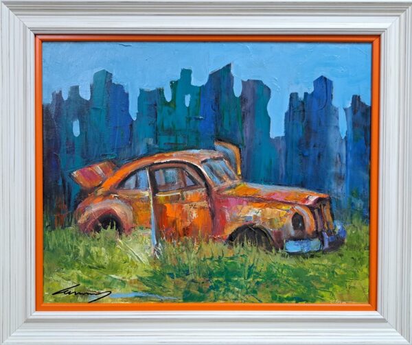 Umetnička slika Stari auto II slikar Ivan Vanja Milanović - tehnika ulje na platnu - format umetničke slike sa ramom 53x63 cm - bez rama 40x50 cm - Cena umetničke slike 15340 dinara - uramljena umetnička slika