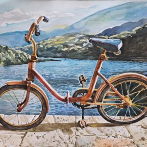 Umetnička slika Bicikl II slikar momčilo Momo Macanović - tehnika akvarel - format slike bez rama 38x56 cm - Cena umetničke slike 23600 dinara - izgled slike bez rama