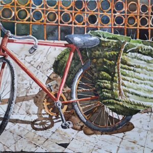 Umetnička slika Bicikl slikar Momčilo Momo Macanović - tehnika akvarel - format slike bez rama 38x56 cm - Cena umetničke slike 23600 dinara - izgled slike bez rama
