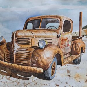 Umetnička slika Stari kamion II slikar Momčilo Momo Macanović - tehnika akvarel - format slike bez rama 38x56 cm - Cena umetničke slike 23600 dinara - izgled slike bez rama