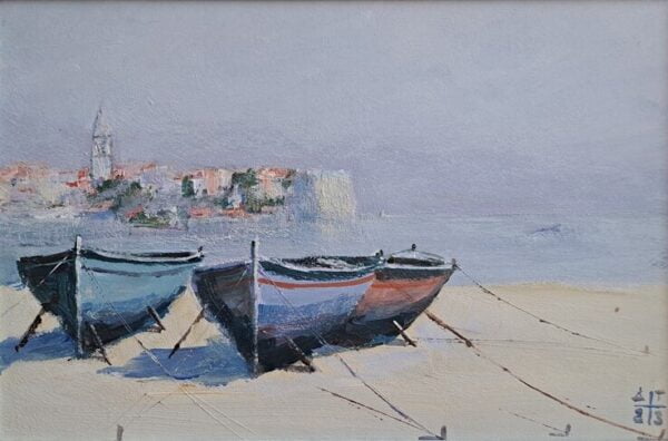 Umetnička slika Budva 3 slikar Dragan Tasić - tehnika akril na lesonitu - format slike sa ramom 28x38 cm - bez rama 20x30 cm - Cena umetničke slike 6490 dinara - izgled slike bez rama