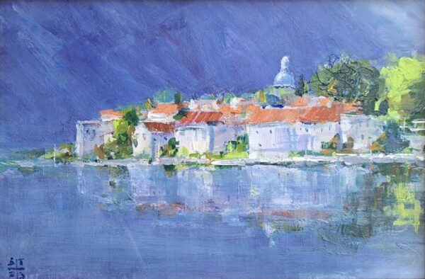 Umetnička slika motiv iz Boke 2 slikar Dragan Tasić - tehnika akril na lesonitu - format slike sa ramom 30x40 cm - bez rama 20x30 cm - Cena umetničke slike 6490 dinara - izgled slike bez rama