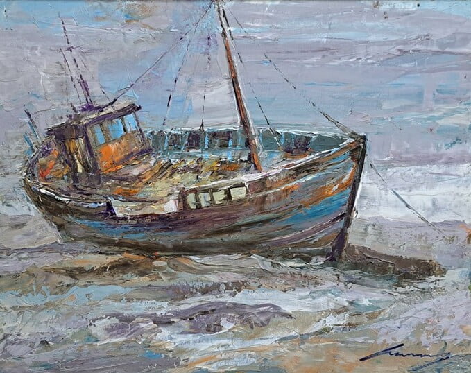 Umetnička slika Brod IV slikar Ivan Vanja Milanović - tehnika ulje na platnu - format slike sa ramom 62x52 cm - bez rama 50x40 cm - Cena umetničke slike 15340 dinara - izgled slike bez rama
