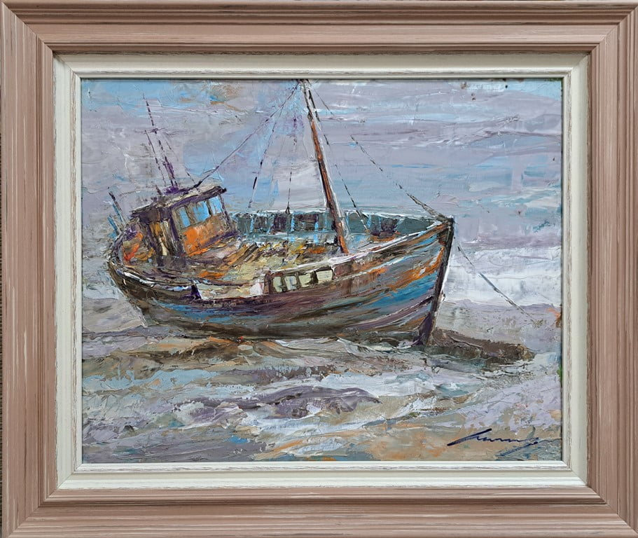 Umetnička slika Brod IV slikar Ivan Vanja Milanović - tehnika ulje na platnu - format slike sa ramom 62x52 cm - bez rama 50x40 cm - Cena umetničke slike 15340 dinara - izgled slike sa ramom