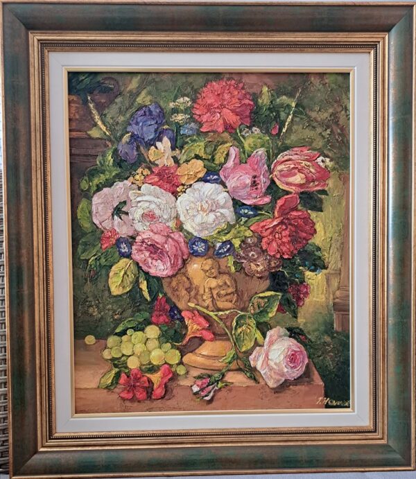 Umetnička slika Cveće 3 slikarka Olja Nikonova - tehnika ulje na platnu - format slike sa ramom 61x53 cm - bez rama 46x38 cm - Cena umetničke slike 33040 dinara - izgled slike sa ramom