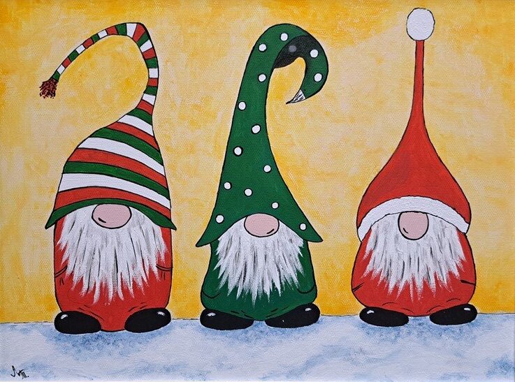 Umetnička slika Novogodišnji patuljci 2 slikarka Tijana Lazić - tehnika akril na platnu - format slike sa ramom 39x49 cm - bez rama 30x40 cm - Cena umetničke slike 9440 dinara - izgled slike bez rama