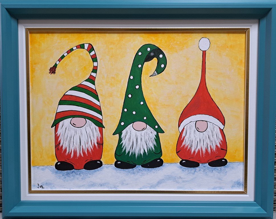 Umetnička slika Novogodišnji patuljci 2 slikarka Tijana Lazić - tehnika akril na platnu - format slike sa ramom 39x49 cm - bez rama 30x40 cm - Cena umetničke slike 9440 dinara - izgled slike sa ramom