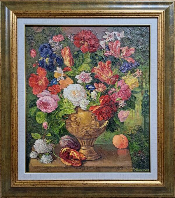 Umetnička slika Velika vaza sa cvećem slikarka Olja Nikonova - tehnika ulje na platnu - format slike sa ramom 73x65 cm - bez rama 55x46 cm - Cena umetničke slike 49560 dinara - izgled slike sa ramom