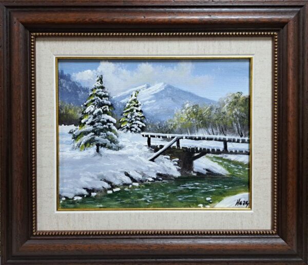 Umetnička slika Zimska Idila slikar Aleksandar Injac - tehnika ulje na platnu - format slike sa ramom 38x44 cm - bez rama 22x28 cm - Cena umetničke slike 10030 dinara - izgled slike sa ramom