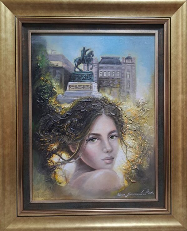 Umetnička slika Beograđanka 7 slikarka Ivana Milenković - tehnika ulje na platnu - format slike sa ramom 54x44 cm - bez rama 40x30 cm - Cena umetničke slike 17700 dinara - izgled slike sa ramom