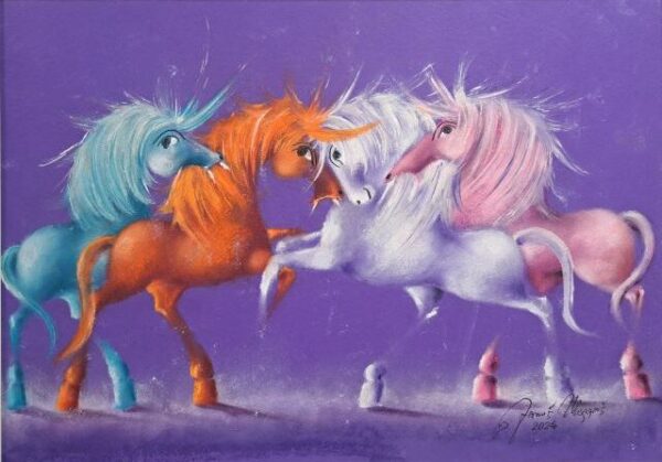 Umetnička slika Ljubičasta rapsodija VII slikar Janoš mesaroš - tehnika kombinovana - pastel-ulje i lak - format slike sa ramom 64x84 cm - bez rama 50x70 cm - Cena umetničke slike 70800 dinara - izgled slike bez rama