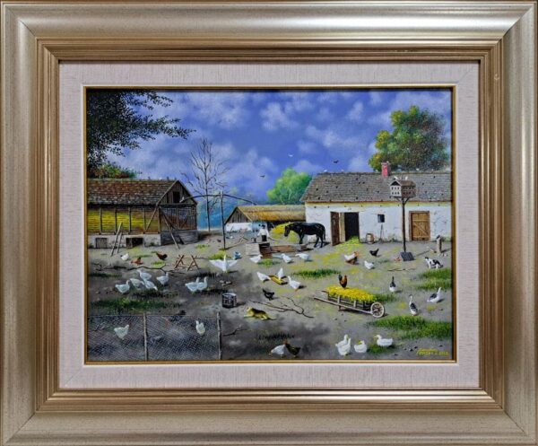Umetnička slika Seosko domaćinstvo slikar Ištvan Penzeš - tehnika ulje na lesonitu - format slike sa ramom 49x59 cm - bez rama 30x40 cm - Cena umetničke slike 59000 dinara - izgled slike sa ramom