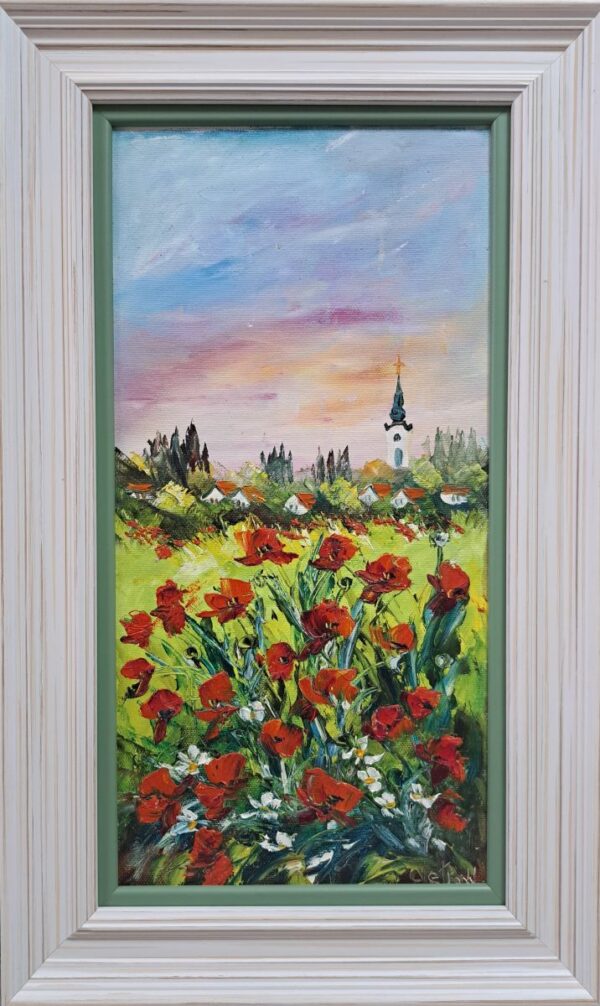 Umetnička slika Cvetno polje 2 slikarka Vesna Cvetkov - tehnika ulje na lesonitu - format slike sa ramom 51x31 cm - bez rama 40x20 cm - cena umetničke slike 11800 dinara - izgled slike sa ramom