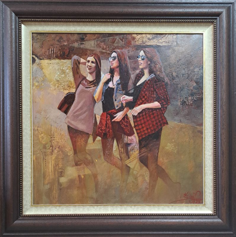 Umetnička slika Modeli slikar Šandor Šlajf - tehnika ulje na platnu - format slike sa ramom 82x82 cm - bez rama 60x60 cm-cena umetničke slike 99120 dinara - izgled slike sa ramom