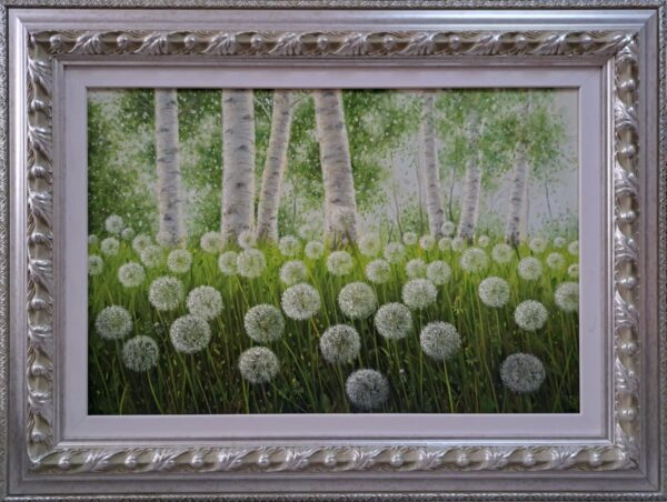 Umetnička slika Maslačci i breze slikar Miljan Vasiljević - tehnika ulje na platnu - format slike sa ramom 61x81 cm - bez rama 40x60 cm - Cena umetničke slike 56640 dinara - izgled slike sa ramom