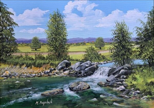 Umetnička slika Letnji pejzaž 2 slikar Miroslav Radović - tehnika ulje na platnu - format slike sa ramom 66x86 cm - bez rama 70x50 cm - Cena umetničke slike 42480 dinara - izgled slike bez rama