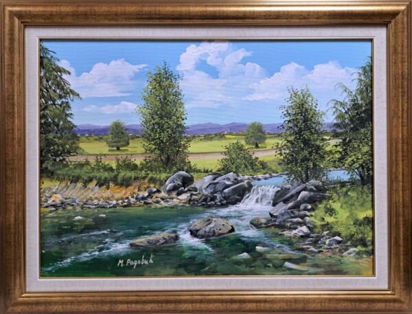 Umetnička slika Letnji pejzaž 2 slikar Miroslav Radović - tehnika ulje na platnu - format slike sa ramom 66x86 cm - bez rama 70x50 cm - Cena umetničke slike 42480 dinara - izgled slike sa ramom