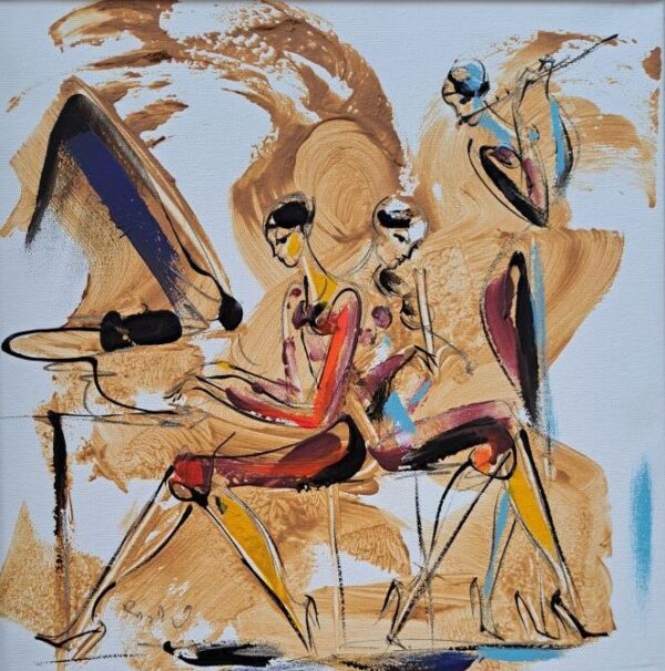 Umetnička slika Trio muzičara 1 slikar Dušan rajšić - tehnika akril na platnu - format slike sa ramom 45x45 cm - bez rama 40x40 cm - Cena umetničke slike 14160 dinara - izgled slike bez rama