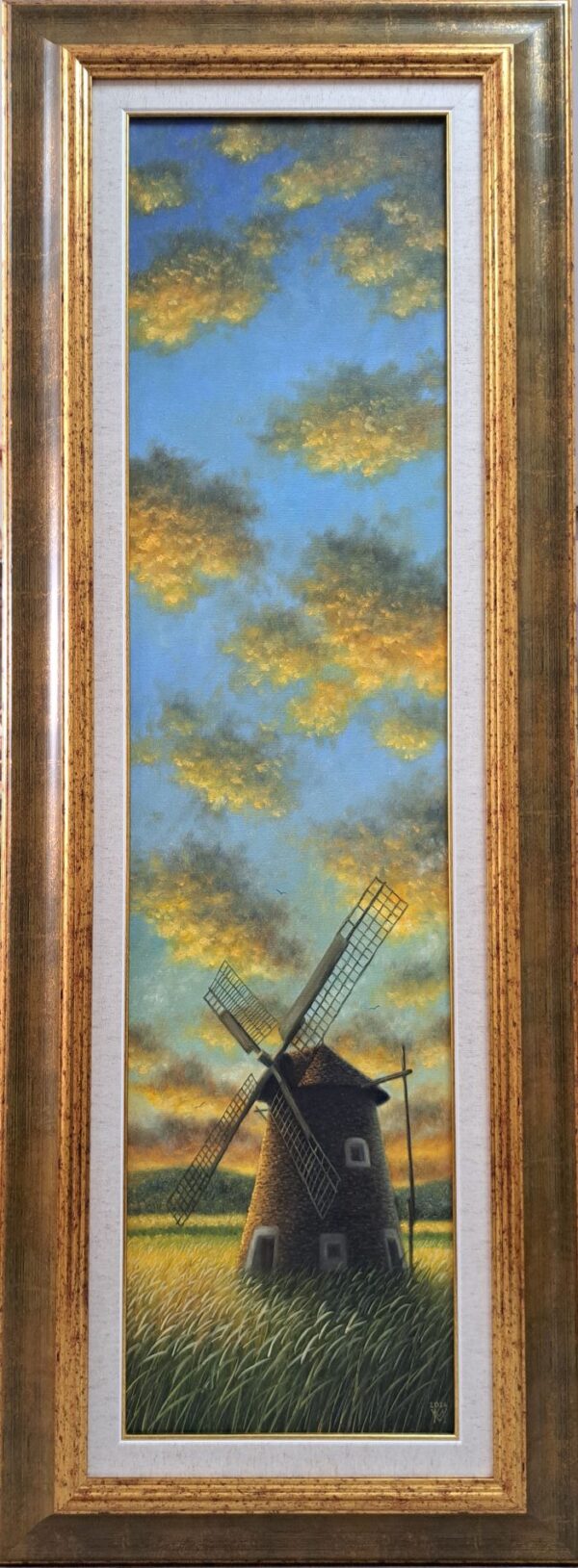 Umetnička slika Vetrenjača 1 slikar Miljan Vasiljević-tehnika ulje na platnu - format slike sa ramom 110x44 cm - bez rama 100x25 cm - Cena umetničke slike 59000 dinara - izgled slike sa ramom