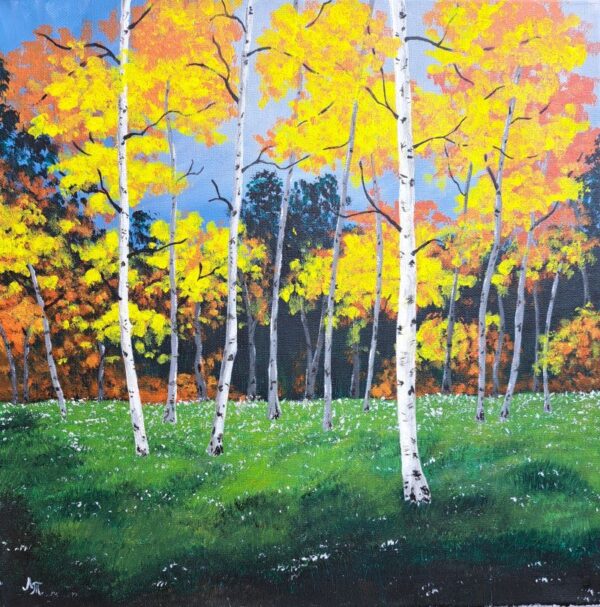 Umetnička slika Brezova šuma slikarka Tijana Lazić - tehnika akril na platnu - format slike bez rama 40x40 cm - Cena umetničke slike 14160 dinara - izgled slike bez rama