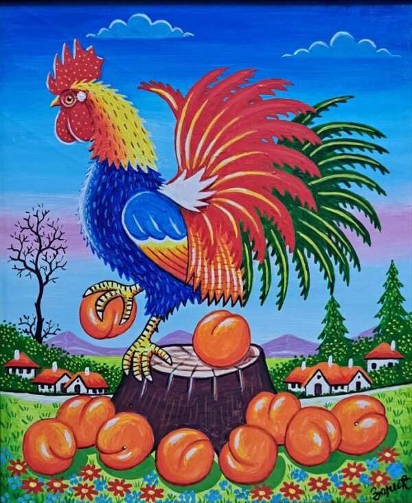 Umetnička slika Petao na panju slikar Zoran Zarić - tehnika ulje na platnu - format slike sa ramom 41x36 cm - bez rama 30x25 cm - Cena umetničke slike 15930 dinara - izgled slike bez rama
