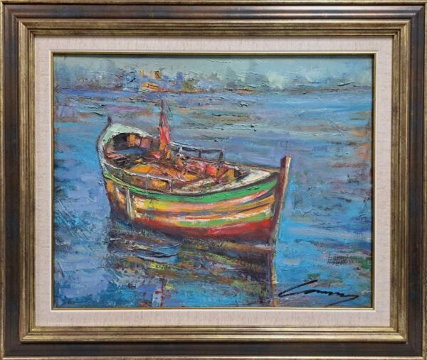 Umetnička slika Barka na vodi slikar Ivan Vanja Milanović - tehnika ulje na platnu - format slike sa ramom 56x66 cm - bez rama 40x50 cm - Cena umetničke slike 17700 dinara - izgled slike sa ramom