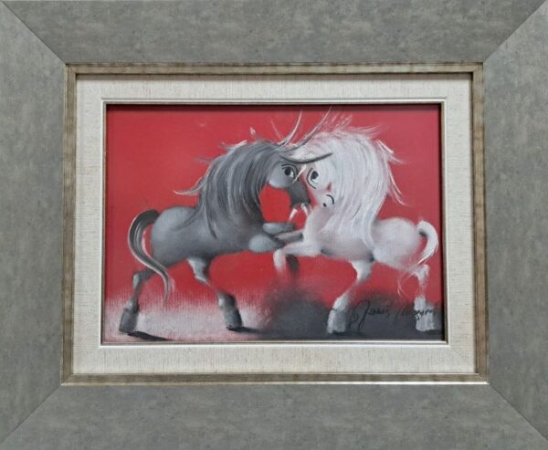 Umetnička slika Crno bela igra XVI slikar Janoš Mesaroš - tehnika pastel - format slike sa ramom 43x53 cm - bez rama 25x35 cm - Cena umetničke slike 23600 dinara - izgled slike sa ramom