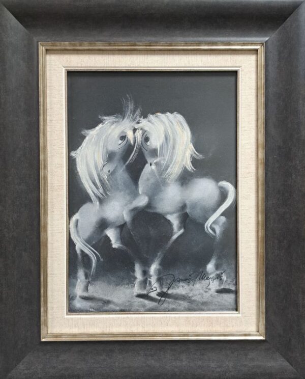 Umetnička slika Crno bela rapsodija VXI slikar Janoš Mesaroš - tehnika pastel - format slike sa ramom 51x41 cm - bez rama 35x25 cm - Cena umetničke slike 23600 dinara - izgled slike sa ramom