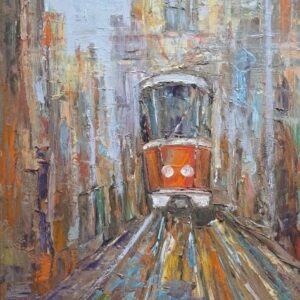 Umetnička slika Crveni tramvaj slikar Ivan Vanja Milanović - tehnika ulje na platnu - format slike sa ramom 63x53 cm - bez rama 50x40 cm - Cena umetničke slike 17700 dinara - izgled slike bez rama