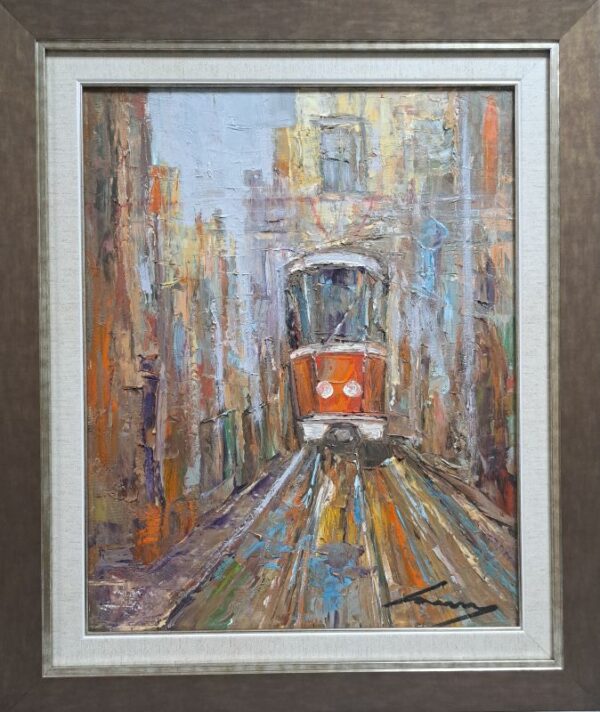 Umetnička slika Crveni tramvaj slikar Ivan Vanja Milanović - tehnika ulje na platnu - format slike sa ramom 63x53 cm - bez rama 50x40 cm - Cena umetničke slike 17700 dinara - izgled slike sa ramom