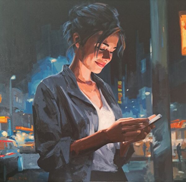 Umetnička slika Devojka sa telefonom slikar Dragan Petrović Pavle - tehnika ulje na platnu - format slike bez rama 85x82 cm - Cena umetničke slike 70800 dinara - izgled slike bez rama