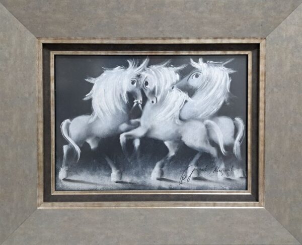 Umetnička slika Igrali se konji XVI slikar Janoš Mesaroš - tehnika pastel - format slike sa ramom 42x52 cm - bez rama 25x35 cm - Cena umetničke slike 23600 dinara - izgled slike sa ramom