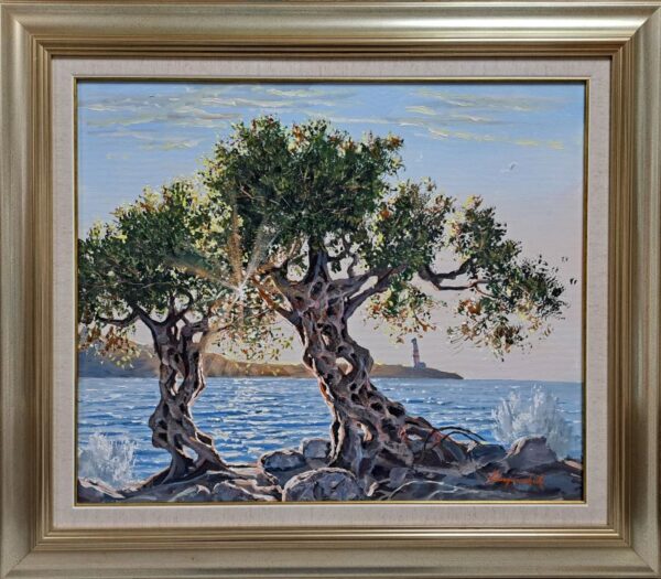 Umetnička slika More i maslina slikar Staniša Stojiljković Nite - tehnika ulje na platnu - format slike sa ramom 69x79 cm - bez rama 50x60 cm - Cena umetničke slike 55460 dinara - izgled slike sa ramom