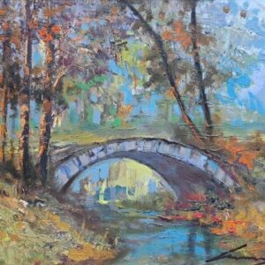 Umetnička slika Most slikar Ivan Vanja Milanović - tehnika ulje na platnu - format slike sa ramom 53x63 cm - bez rama 40x50 cm - Cena umetničke slike 17700 dinara - izgled slike bez rama