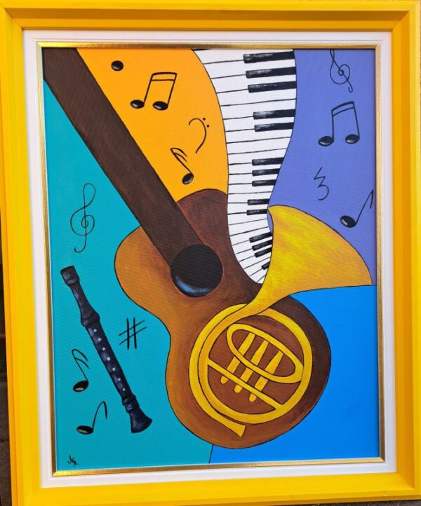 Umetnička slika Muzika 1 slikarka Tijana Lazić - tehnika akril na platnu - format slike sa ramom 60x50 cm - bez rama 50x40 cm - Cena umetničke slike 11800 dinara - izgled slike sa ramom