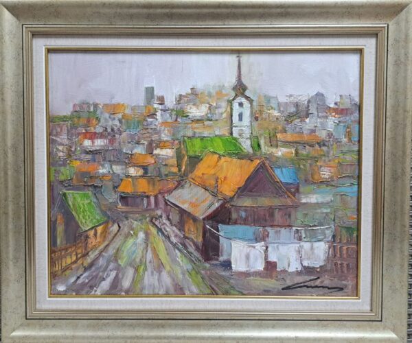 Umetnička slika Saborna crkva slikar Ivan Vanja Millanović - tehnika ulje na platnu - format slike sa ramom 54x54 cm - bez rama 40x50 cm - Cena umetničke slike 17700 dinara - izgled slike sa ramom