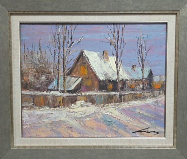 Umetnička slika Selo zimi slikar Ivan Vanja Milanović - tehnika ulje na platnu - format slike sa ramom 53x63 cm - bez rama 40x50 cm - Cena umetničke slike 17700 dinara - izgled slike sa ramom