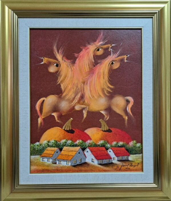 Umetnička slika Trio fantastiko XV slikar Janoš Mesaroš - tehnika kombinovana pastel i ulje - format slike sa ramom 70x60 cm - bez rama 50x40 cm - Cena umetničke slike 56640 dinara - izgled slike sa ramom