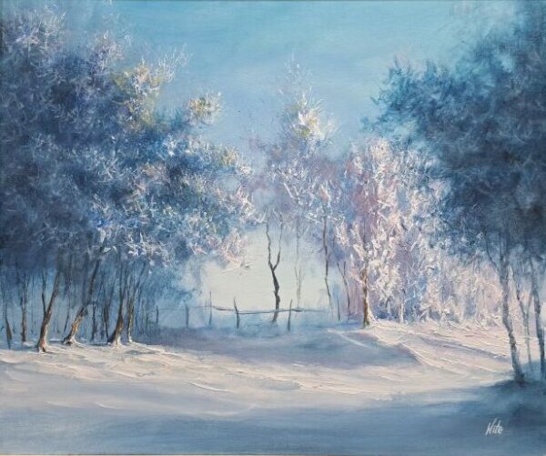 Umetnička slika Zimska idila slikar Staniša Stojiljković Nite - tehnika ulje na platnu - format slike sa ramom 65x75 cm - bez rama 50x60 cm - Cena umetničke slike 55460 dinara - izgled slike bez rama