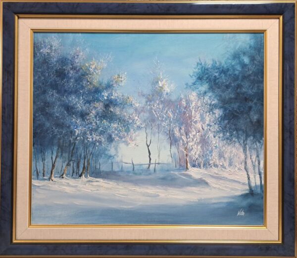 Umetnička slika Zimska idila slikar Staniša Stojiljković Nite - tehnika ulje na platnu - format slike sa ramom 65x75 cm - bez rama 50x60 cm - Cena umetničke slike 55460 dinara - izgled slike bez rama
