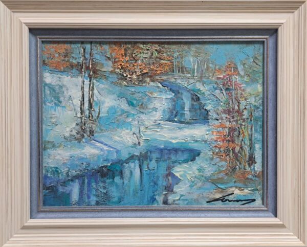 Umetnička slika Zimski potok slikar Ivan Vanja Milanović - tehnika ulje na platnu - format slike sa ramom 42x52 cm - bez rama 30x40 cm - Cena umetničke slike 15340 dinara - izgled slike sa ramom