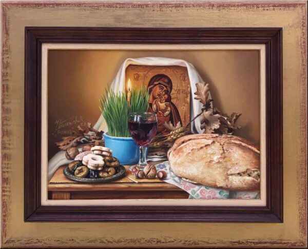 Umetnička slika Božić slikar Jovica Tomašević - tehnika ulje na platnu kasirano na speru - format slike sa ramom 43x54 cm - bez rama 26x37 cm - Cena umetničke slike 35400 dinara - izgled slike sa ramom